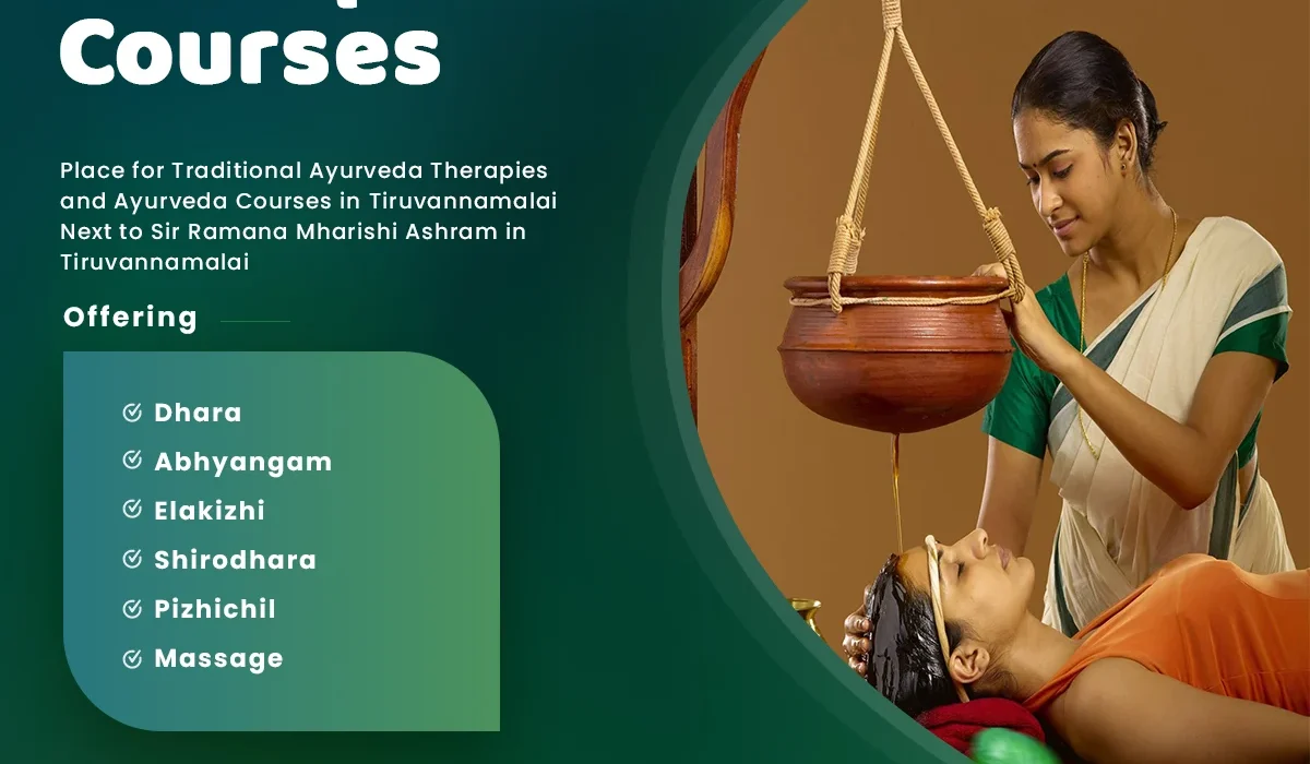 Ayurvedic therapist performing traditional Shirodhara treatment at Dhanwantari Ayurveda Detox Center in Tiruvannamalai, offering Kerala therapies and courses