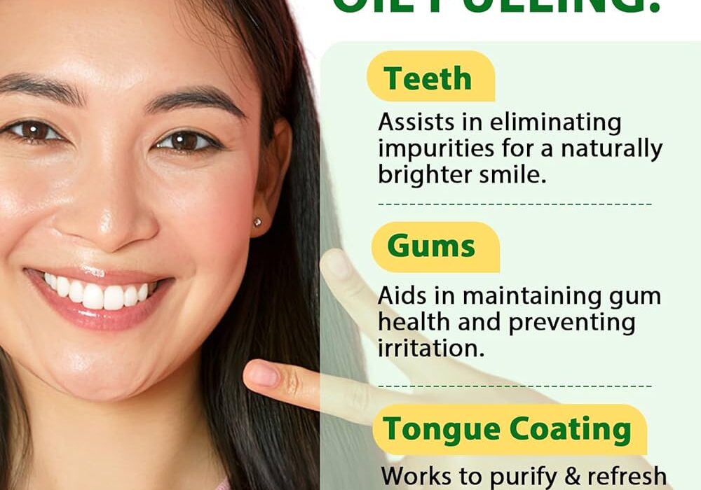 A woman showing a bright smile with text listing the benefits of oil pulling for teeth, gums, and tongue coating