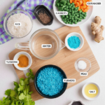 Kitchari ingredients for detox, including mung dal, rice, turmeric, cumin, coriander, and vegetables like carrots, peas, and green beans in Tiruvannamalai