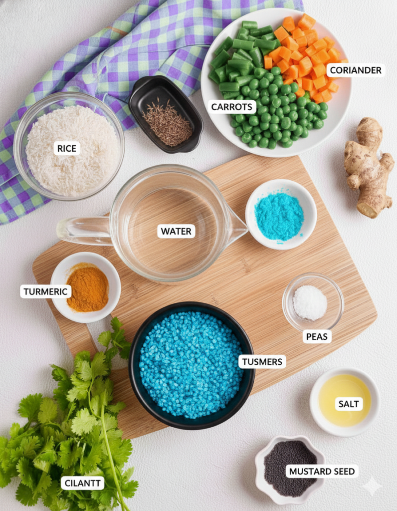 Kitchari ingredients for detox, including mung dal, rice, turmeric, cumin, coriander, and vegetables like carrots, peas, and green beans in Tiruvannamalai