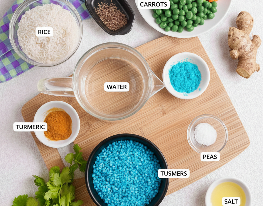 Kitchari ingredients for detox, including mung dal, rice, turmeric, cumin, coriander, and vegetables like carrots, peas, and green beans in Tiruvannamalai