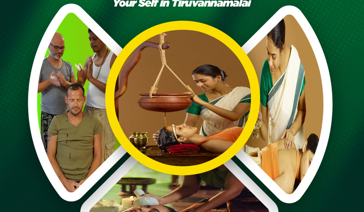 A calming image of Panchakarma therapies at Dhanwantari Ayurveda Detox Center in Tiruvannamalai. The image showcases various detox treatments such as Shirodhara, oil massages, and therapeutic healing with Ayurvedic practices