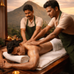 An Ayurvedic massage session at Dhanwantari Ayurveda Detox Center in Tiruvannamalai, showcasing a traditional Abhyanga massage with therapists applying warm herbal oils