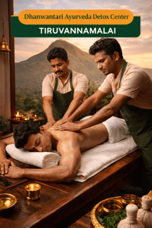 An Ayurvedic massage session at Dhanwantari Ayurveda Detox Center in Tiruvannamalai, showcasing a traditional Abhyanga massage with therapists applying warm herbal oils