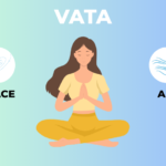 Vata dosha graphic showing a meditating woman and its ruling elements: Space and Air.