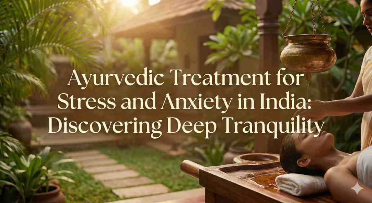Ayurvedic Shirodhara oil treatment session, illustrative of stress relief therapies available at Dhanwantari Ayurveda in Tiruvannamalai, India.