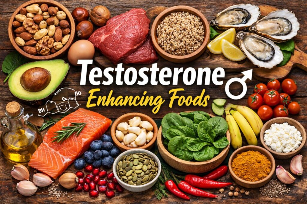 A vibrant collection of testosterone-enhancing foods including mixed nuts, avocado, eggs, salmon, spinach, garlic, tomatoes, bananas, and more, with a 'Testosterone Enhancing Foods' label and scientific symbols.