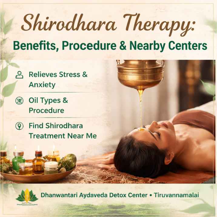 A woman receiving Shirodhara therapy with warm herbal oil being poured on her forehead. The image includes text emphasizing the benefits, procedure, and location of Shirodhara treatment.