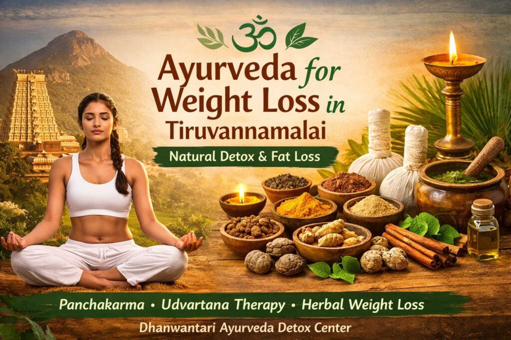 Ayurveda for weight loss in Tiruvannamalai with herbal treatments, Panchakarma detox, and natural fat loss therapy