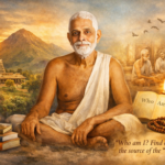 Ramana Maharishi seated in meditation with Arunachala, Sri Ramanasramam, spiritual books, and the words “Who Am I?” in the background.