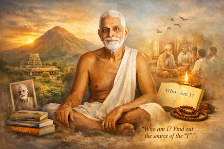 Ramana Maharishi seated in meditation with Arunachala, Sri Ramanasramam, spiritual books, and the words “Who Am I?” in the background.