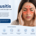 Woman experiencing sinus pain with highlighted inflamed sinus areas on her face, representing sinusitis treatment and holistic healing services at Dhanwantari Ayurveda Detox Center, Tiruvannamalai, India.