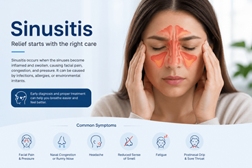 Woman experiencing sinus pain with highlighted inflamed sinus areas on her face, representing sinusitis treatment and holistic healing services at Dhanwantari Ayurveda Detox Center, Tiruvannamalai, India.