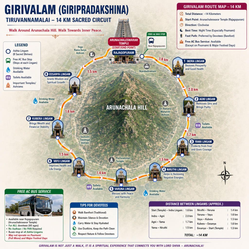 route map of Girivalam (Giripradakshina) around Arunachala Hill in Tiruvannamalai, showing the 14-kilometer sacred walking path, Arunachaleswarar Temple start point, all eight Ashta Lingams, distance markers, free AC bus stops, water and restroom facilities, important spiritual locations, and pilgrimage guidance for devotees