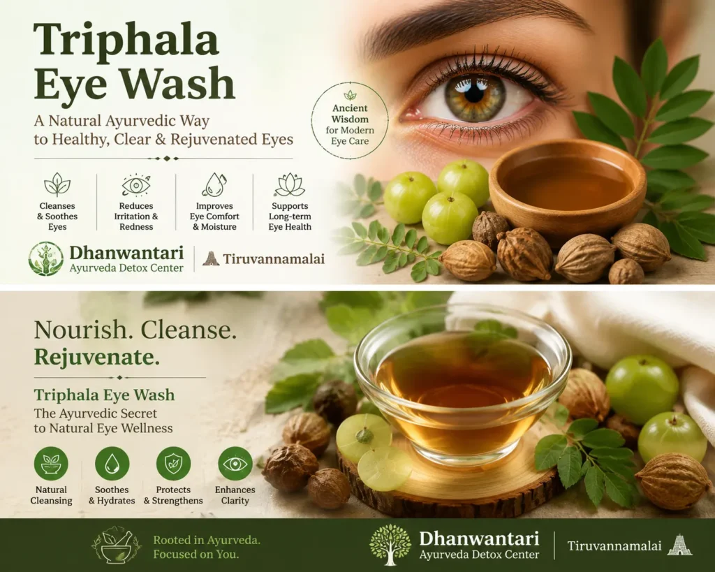 Triphala Eye Wash Ayurvedic eye care banner with healthy eye, Triphala ingredients, and herbal infusion at Dhanwantari Ayurveda Detox Center