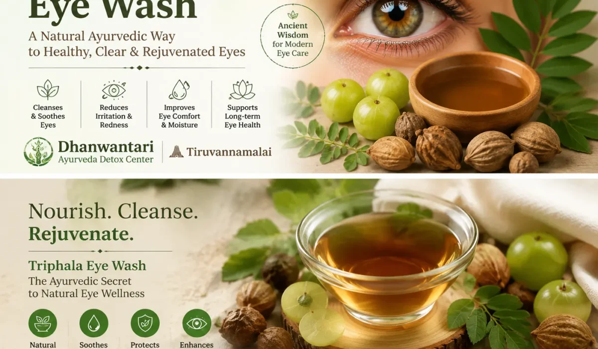 Triphala Eye Wash Ayurvedic eye care banner with healthy eye, Triphala ingredients, and herbal infusion at Dhanwantari Ayurveda Detox Center