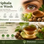 Triphala Eye Wash Ayurvedic eye care banner with healthy eye, Triphala ingredients, and herbal infusion at Dhanwantari Ayurveda Detox Center