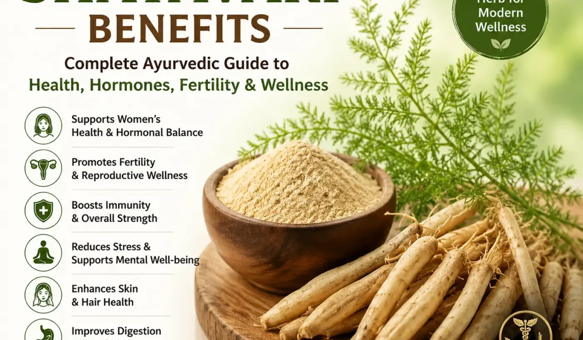 Ayurvedic Shatavari benefits infographic poster showing powdered shatavari and roots on wooden bowl, with green herbal background and text highlighting benefits for women’s health, fertility, immunity, skin, hair, and menopause