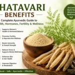 Ayurvedic Shatavari benefits infographic poster showing powdered shatavari and roots on wooden bowl, with green herbal background and text highlighting benefits for women’s health, fertility, immunity, skin, hair, and menopause