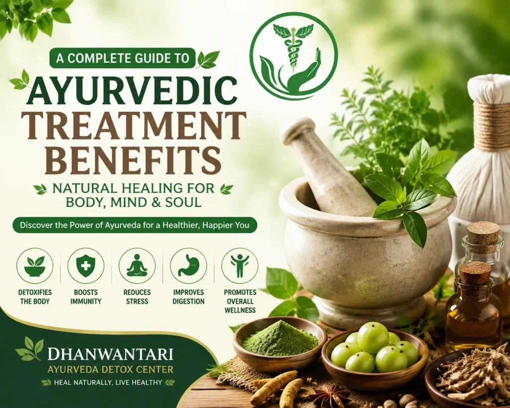 Ayurvedic treatment benefits infographic featuring Dhanwantari Ayurveda Detox Center with herbal ingredients, detox therapy visuals, wellness icons, and natural healing theme for body, mind, and soul