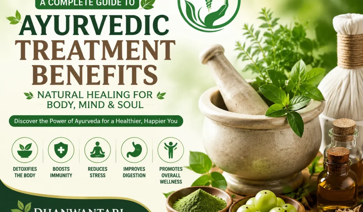 Ayurvedic treatment benefits infographic featuring Dhanwantari Ayurveda Detox Center with herbal ingredients, detox therapy visuals, wellness icons, and natural healing theme for body, mind, and soul