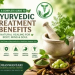 Ayurvedic treatment benefits infographic featuring Dhanwantari Ayurveda Detox Center with herbal ingredients, detox therapy visuals, wellness icons, and natural healing theme for body, mind, and soul
