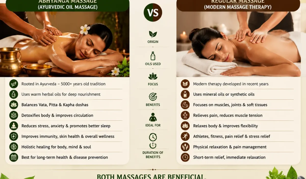 Abhyanga massage vs regular massage comparison showing Ayurvedic oil therapy benefits, detox effects, and modern massage relaxation techniques