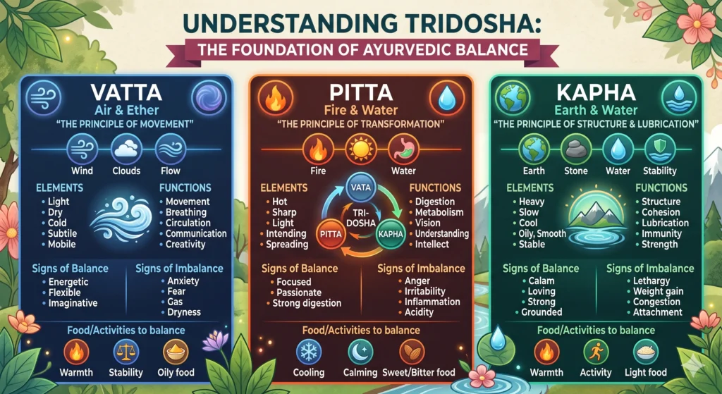 Tridosha in Ayurveda showing Vata, Pitta, and Kapha body constitutions