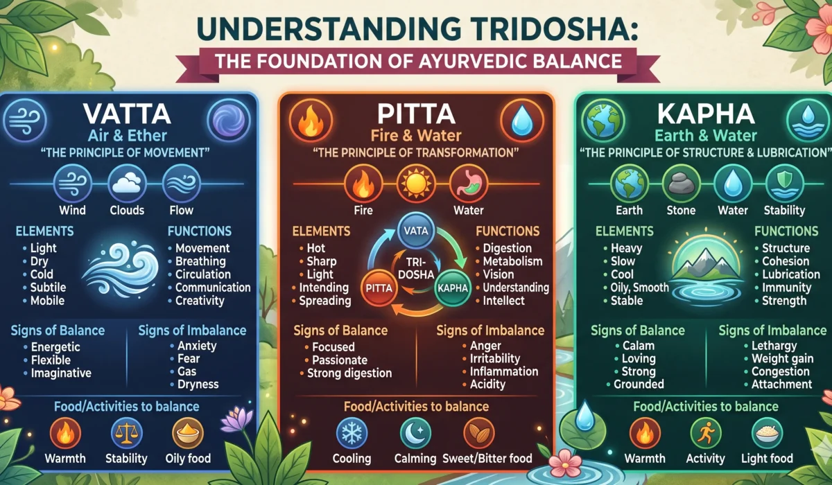 Tridosha in Ayurveda showing Vata, Pitta, and Kapha body constitutions