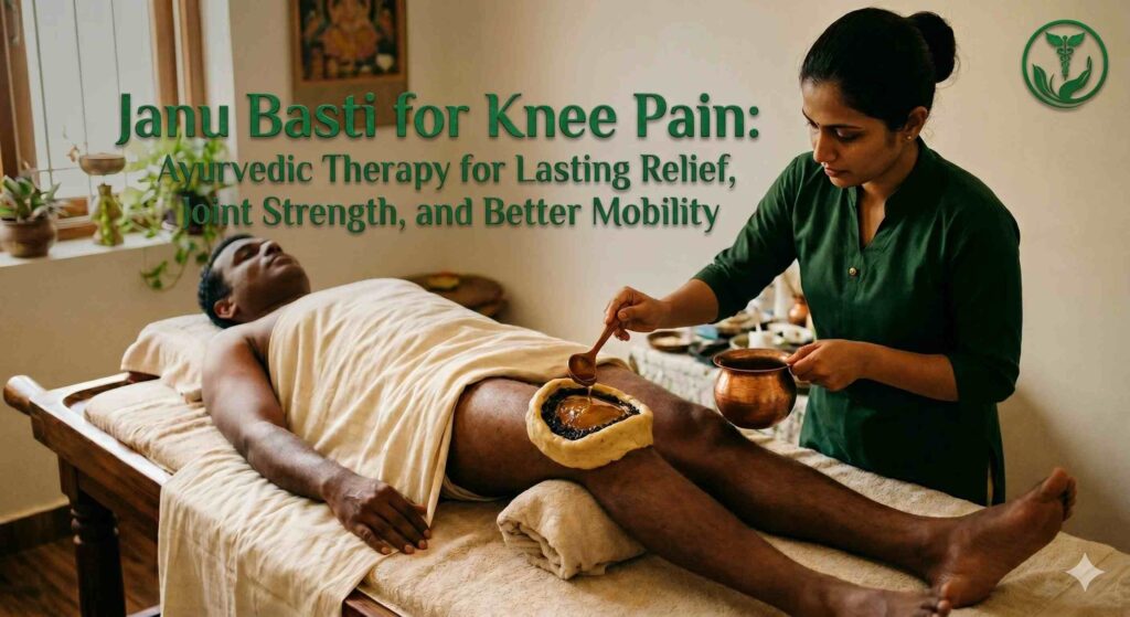 Janu Basti Ayurvedic therapy for knee pain with warm medicated herbal oil applied to the knee joint for pain relief, improved mobility, and joint wellness.