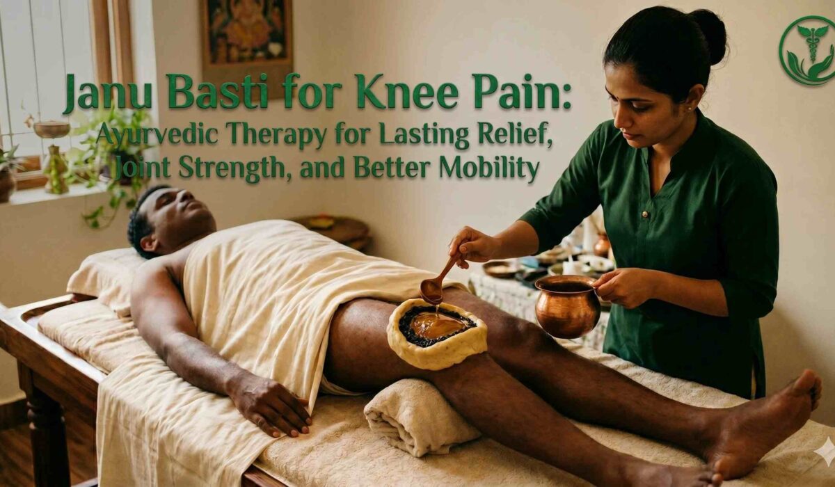Janu Basti Ayurvedic therapy for knee pain with warm medicated herbal oil applied to the knee joint for pain relief, improved mobility, and joint wellness.