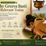 Infographic showing the benefits of Greeva Basti at Dhanwantari Ayurveda Detox Center, including physical relief from neck pain, reduced stress, and long-term cervical care