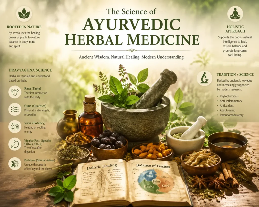 The Science of Ayurvedic Herbal Medicine showing traditional Dravyaguna Ayurveda principles with medicinal herbs, mortar and pestle, herbal oils, Ayurvedic texts, and dosha balance concepts.