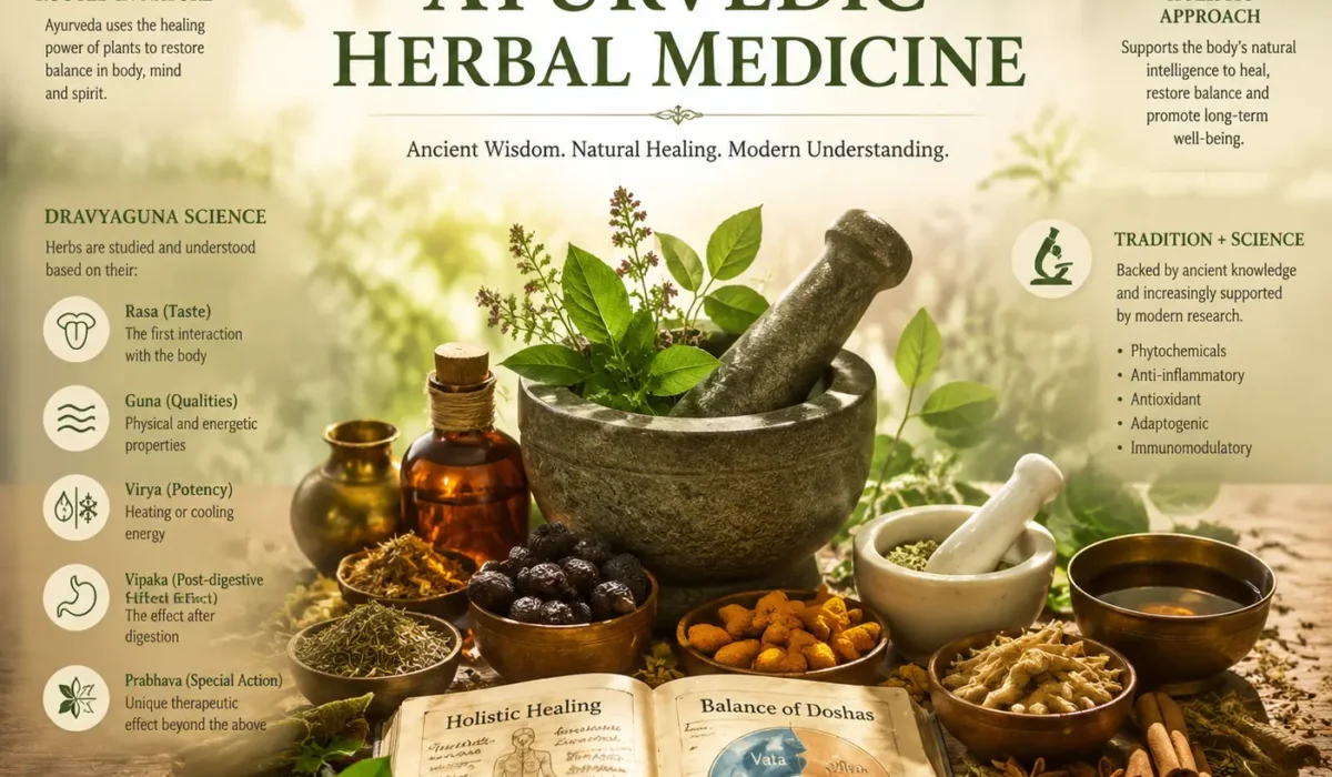 The Science of Ayurvedic Herbal Medicine showing traditional Dravyaguna Ayurveda principles with medicinal herbs, mortar and pestle, herbal oils, Ayurvedic texts, and dosha balance concepts.