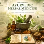 The Science of Ayurvedic Herbal Medicine showing traditional Dravyaguna Ayurveda principles with medicinal herbs, mortar and pestle, herbal oils, Ayurvedic texts, and dosha balance concepts.