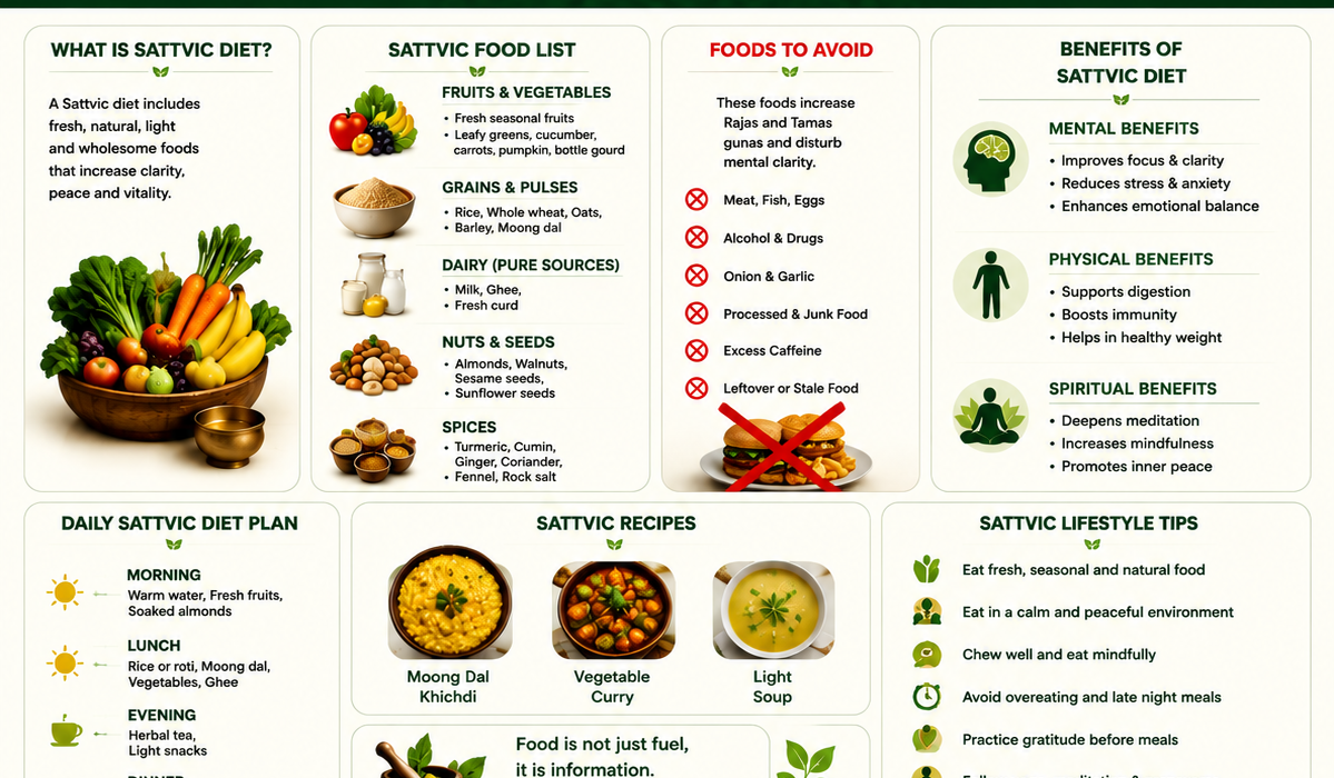 **Alt text (short):** Infographic for Dhanwantari Ayurveda Detox Center, Tiruvannamalai showing a sattvic diet guide, food list, benefits, and daily meal plan in a green Ayurvedic theme.