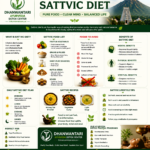 **Alt text (short):** Infographic for Dhanwantari Ayurveda Detox Center, Tiruvannamalai showing a sattvic diet guide, food list, benefits, and daily meal plan in a green Ayurvedic theme.