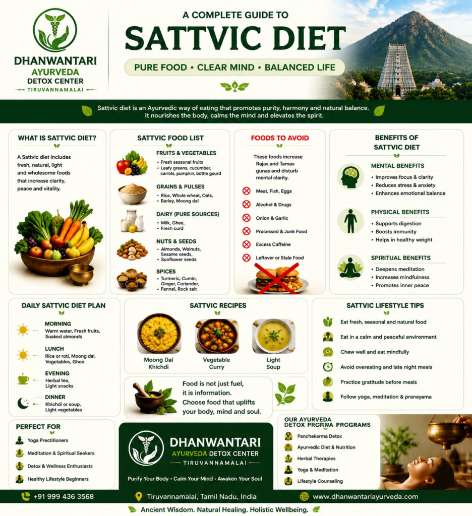 **Alt text (short):** Infographic for Dhanwantari Ayurveda Detox Center, Tiruvannamalai showing a sattvic diet guide, food list, benefits, and daily meal plan in a green Ayurvedic theme.