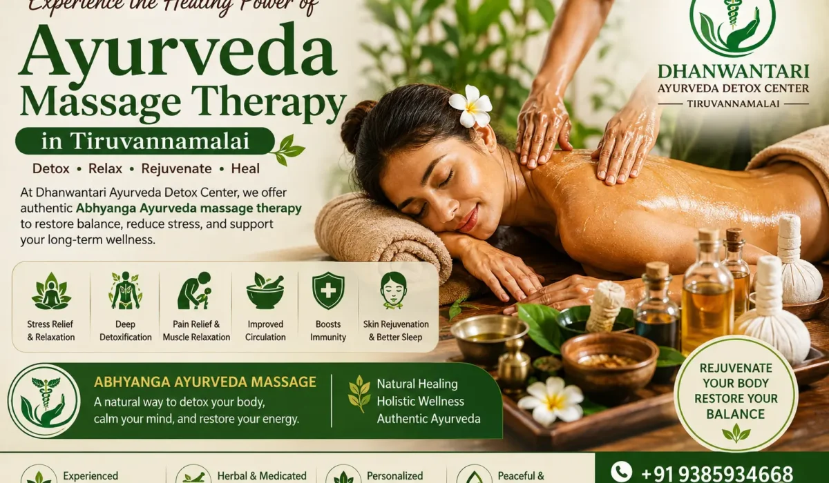 Ayurveda Massage Therapy in Tiruvannamalai at Dhanwantari Ayurveda Detox Center, featuring an authentic Abhyanga herbal oil massage in a peaceful wellness spa with traditional Ayurvedic oils, natural herbs, and holistic healing for stress relief, detoxification, pain relief, relaxation, and rejuvenation.