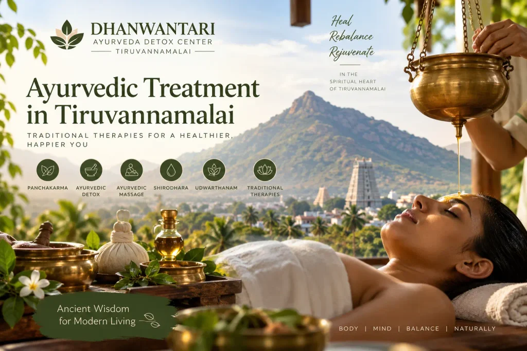 Ayurvedic treatment and Panchakarma therapies at Dhanwantari Ayurveda Detox Center in Tiruvannamalai.