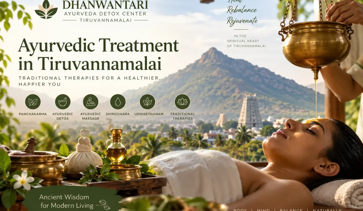 Ayurvedic treatment and Panchakarma therapies at Dhanwantari Ayurveda Detox Center in Tiruvannamalai.