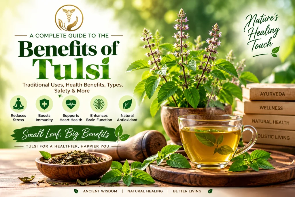 Benefits of Tulsi, Ayurvedic wellness, Tulsi tea, traditional uses, and natural health benefits.
