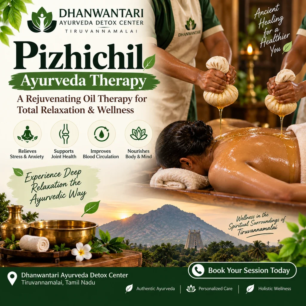 Pizhichil Ayurveda therapy with warm herbal oil at Dhanwantari Ayurveda Detox Center in Tiruvannamalai