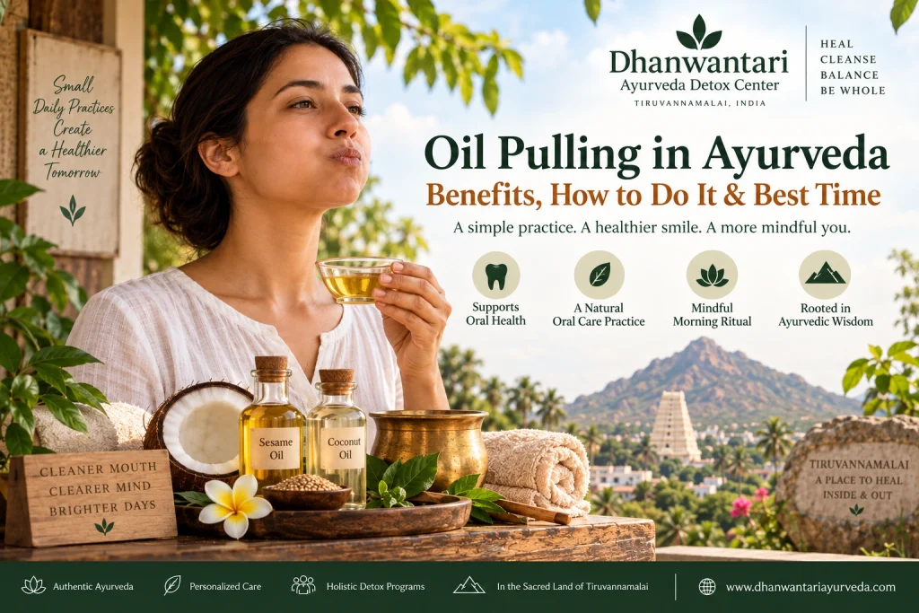 Oil pulling in Ayurveda as a mindful morning routine at Dhanwantari Ayurveda Detox Center in Tiruvannamalai