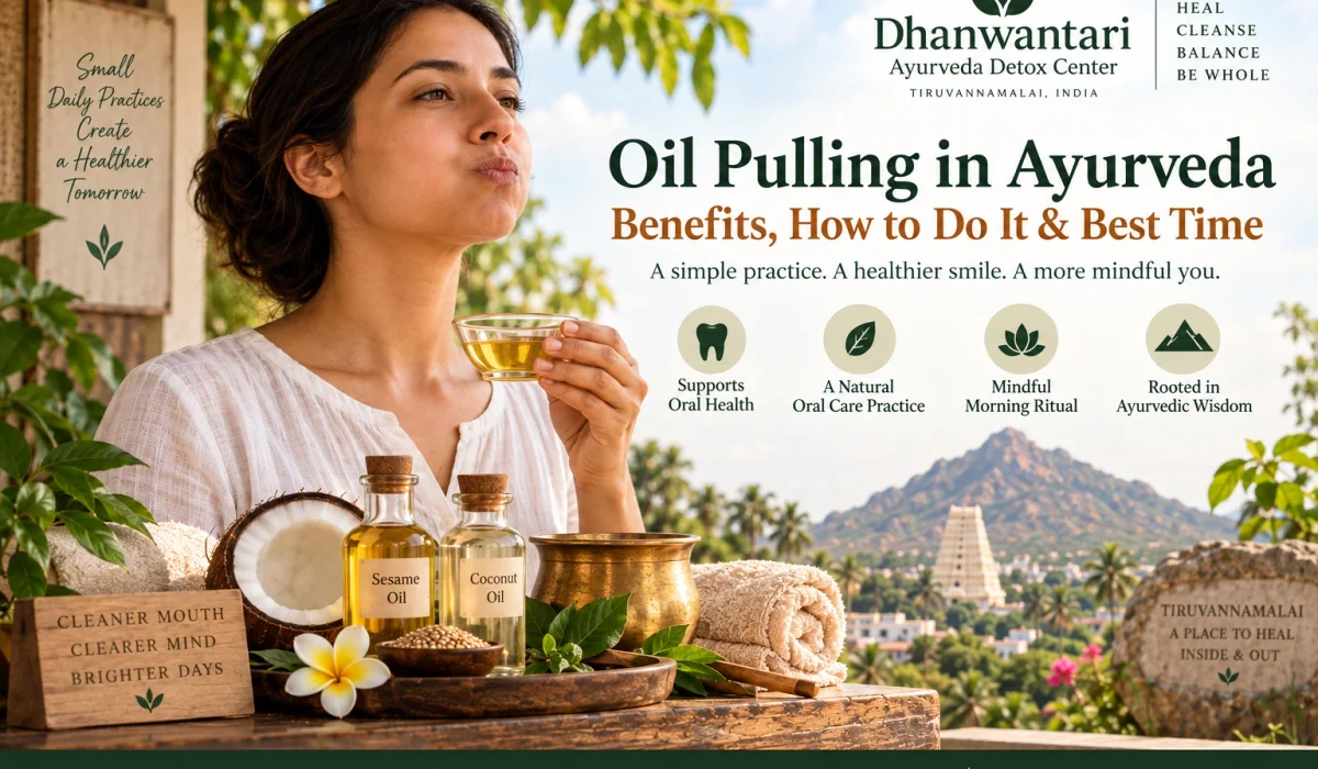 Oil pulling in Ayurveda as a mindful morning routine at Dhanwantari Ayurveda Detox Center in Tiruvannamalai